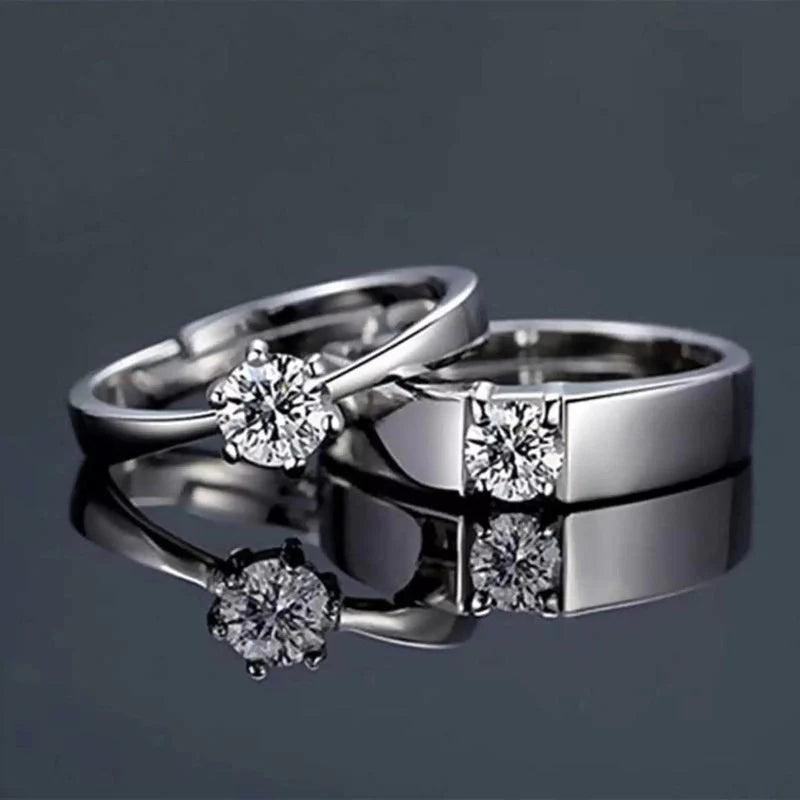 DRIARA 0158 Silver Plated American Diamond Solitaire Adjustable Couple Rings | Classic Matching Band for Him & Her