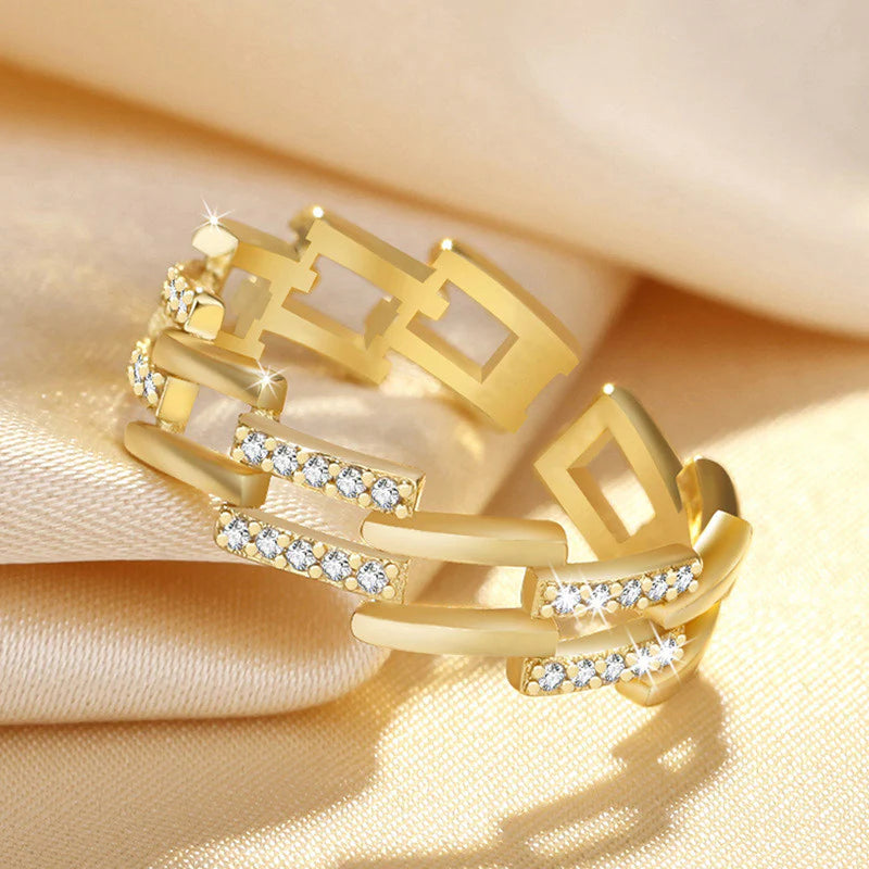 DRIARA 0183  Gold Plated Geometric Chain Style CZ Adjustable Finger Ring | Trendy Contemporary Open Band Ring for Women & Girls