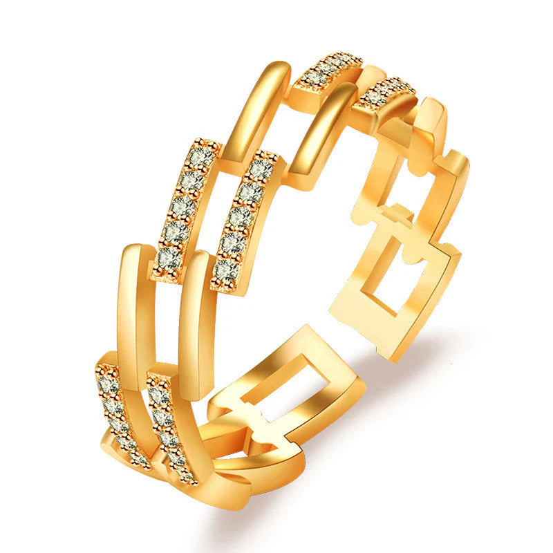 DRIARA 0183  Gold Plated Geometric Chain Style CZ Adjustable Finger Ring | Trendy Contemporary Open Band Ring for Women & Girls