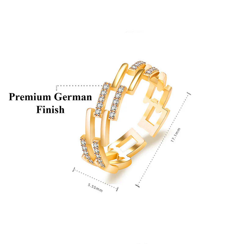 DRIARA 0183  Gold Plated Geometric Chain Style CZ Adjustable Finger Ring | Trendy Contemporary Open Band Ring for Women & Girls