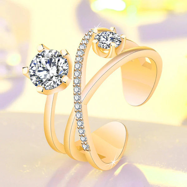 DRIARA 0181  Gold Plated Dual-Stone CZ Contemporary Adjustable Finger Ring | Stylish Open Band Ring for Women & Girls