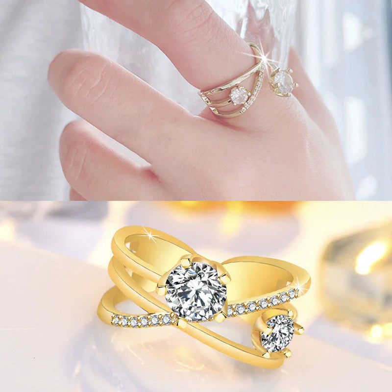 DRIARA 0181  Gold Plated Dual-Stone CZ Contemporary Adjustable Finger Ring | Stylish Open Band Ring for Women & Girls