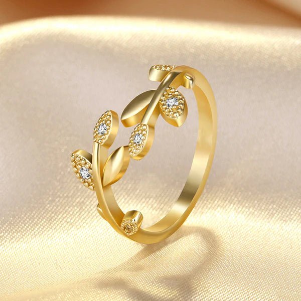 DRIARA 0182  Gold Plated Leaf Inspired CZ Adjustable Finger Ring | Elegant Contemporary Open Band Ring for Women & Girls