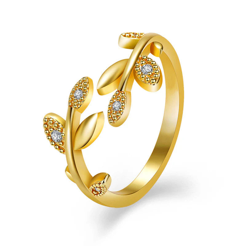 DRIARA 0182  Gold Plated Leaf Inspired CZ Adjustable Finger Ring | Elegant Contemporary Open Band Ring for Women & Girls