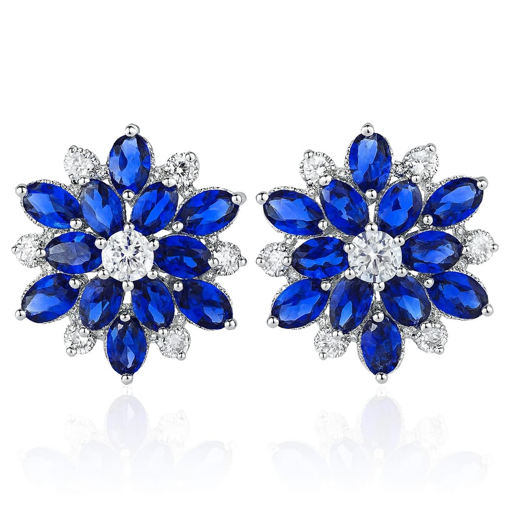 Driara 076 Blue Crystal Flower Stud Earrings for Women & Girls | Premium American Diamond Party Wear Studs | Elegant Royal Blue Jewellery