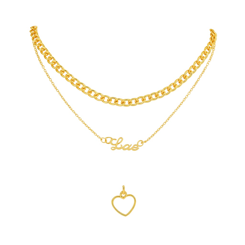 Driara 034 3 Layer Golden Necklace for Women | Love Pendant + Heart Pendant + Chain Layer | Korean Style Jewellery