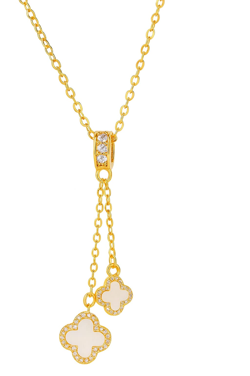 Driara 062 Golden White Clover Pendant Necklace for Women & Girls | Elegant Dual Clover Chain | Premium Korean Jewellery