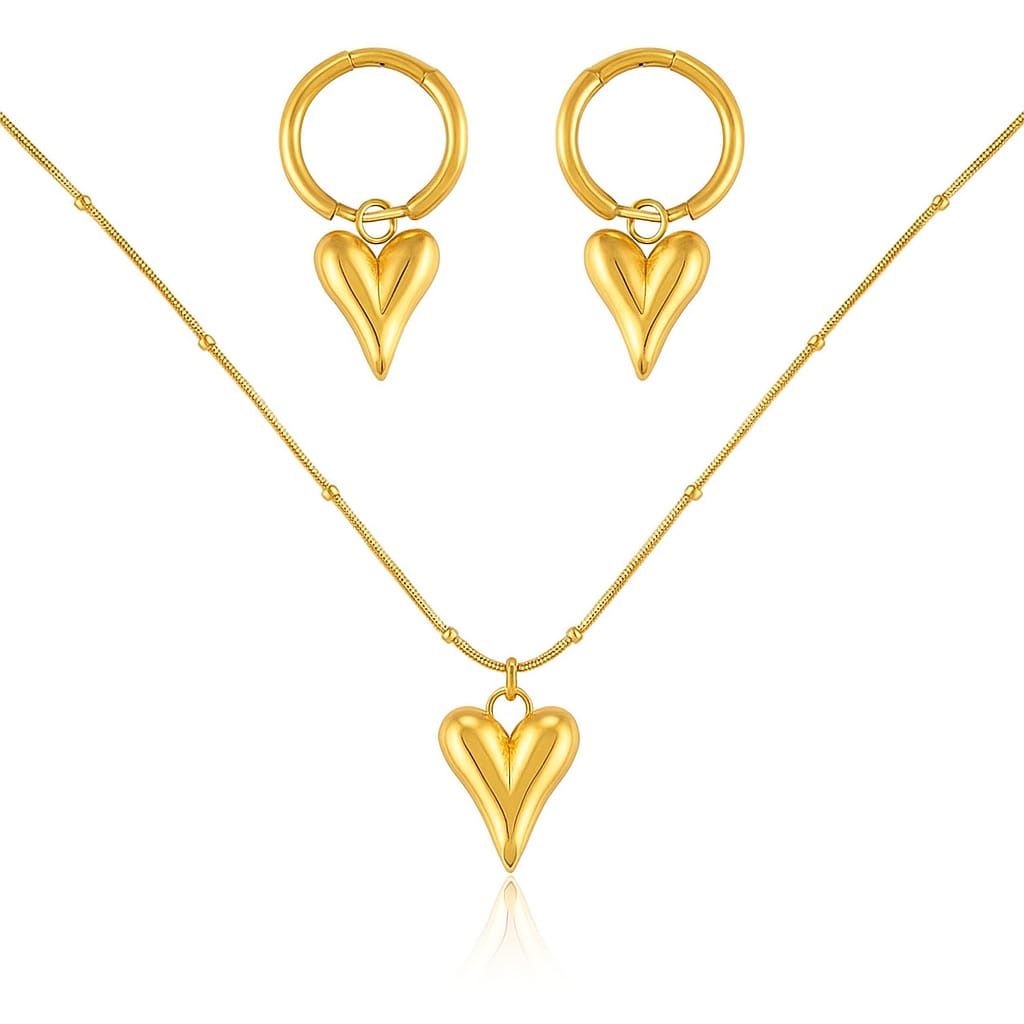 Driara 020 Gold Plated Puffy Heart Earrings & Pendant Necklace Set for Women & Girls – Korean Style Jewellery Set