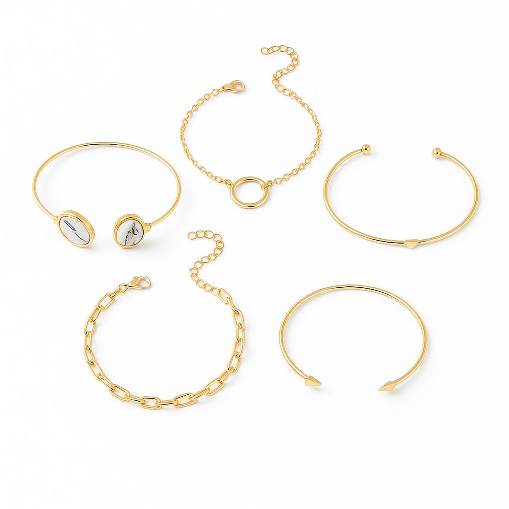 Driara 040 5-Piece Golden Bracelet Combo Set for Women & Girls | Korean Style Layered Bracelet Set | Stylish Daily Wear & Party Wear Jewellery