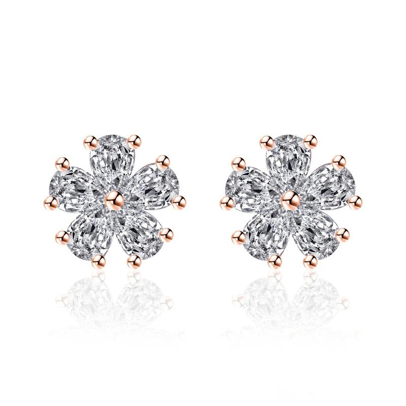 DRIARA 0188 Rose Gold Plated Floral CZ Stud Earrings for Women & Girls | Elegant Flower Design Diamond Look Earrings
