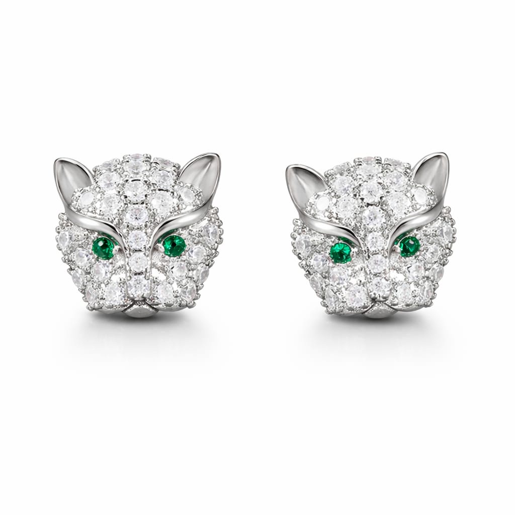 DRIARA 0187  Silver Plated Tiger Face CZ Stud Earrings with Green Stone Eyes | Bold Statement Earrings for Women & Girls