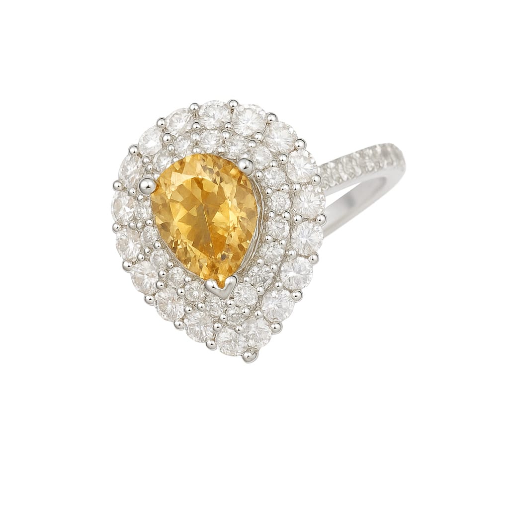 Driara 0148 Silver Plated Yellow Teardrop Solitaire Ring | Premium Ice-Cut CZ American Diamond Finger Ring for Women & Girls