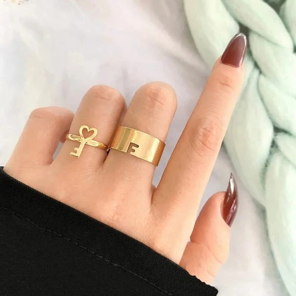 Driara 0135  Gold Plated Key-Themed Finger Rings | Pack of 2 Adjustable Stylish Rings for Women & Girls