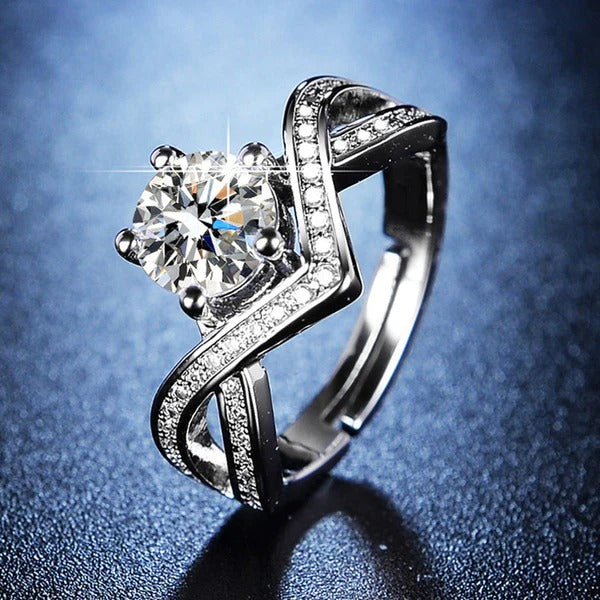 DRIARA 0167 Silver Plated Premium Solitaire American Diamond Ring | Designer Twist Band CZ Adjustable Finger Ring for Women & Girls