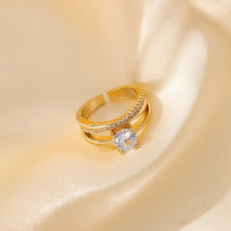 DRIARA 095 Rose Gold-Plated Solitaire Korean Adjustable Ring for Women | White AD Stone | Anti-Tarnish & Lightweight