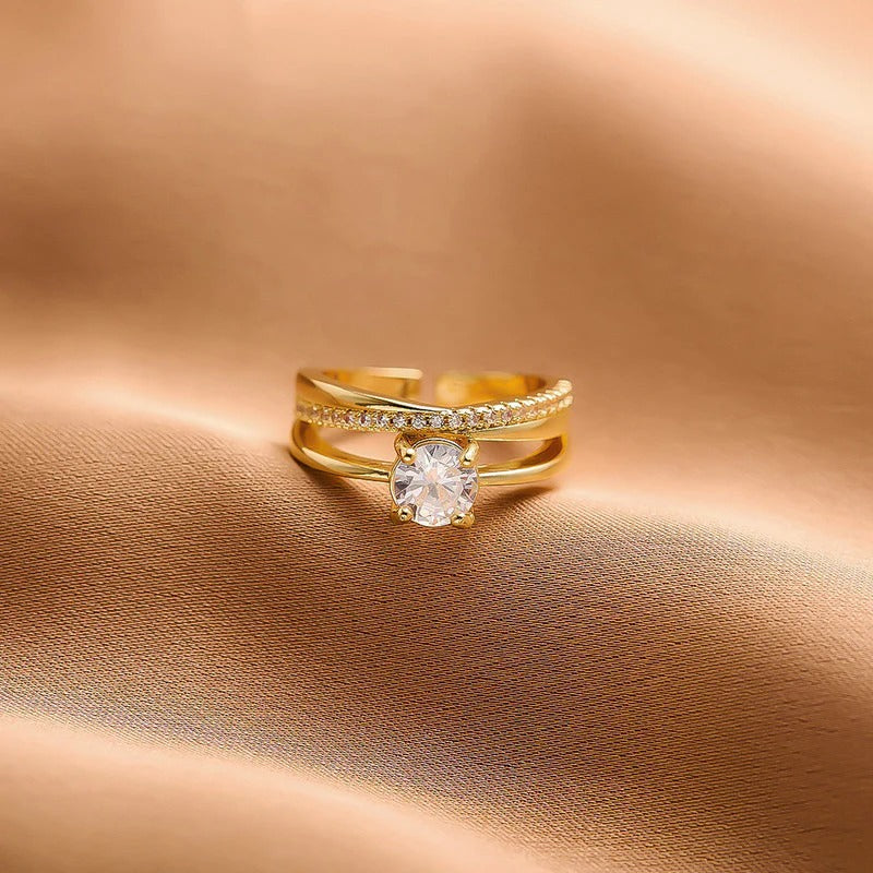 DRIARA 095 Rose Gold-Plated Solitaire Korean Adjustable Ring for Women | White AD Stone | Anti-Tarnish & Lightweight