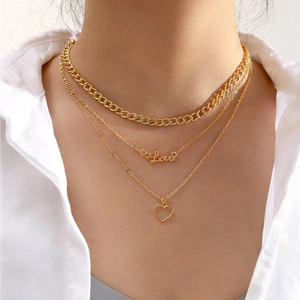 Driara 034 3 Layer Golden Necklace for Women | Love Pendant + Heart Pendant + Chain Layer | Korean Style Jewellery