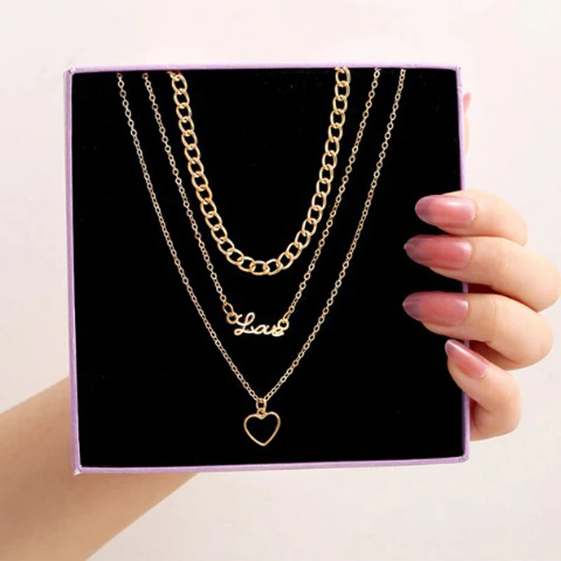 Driara 034 3 Layer Golden Necklace for Women | Love Pendant + Heart Pendant + Chain Layer | Korean Style Jewellery