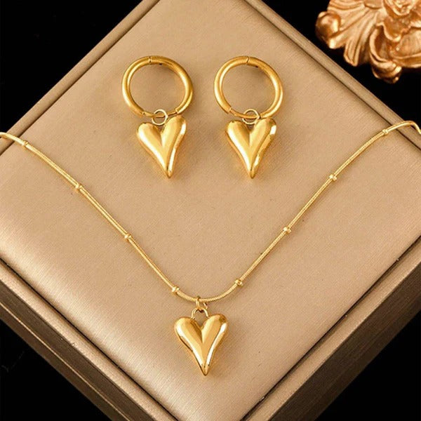 Driara 020 Gold Plated Puffy Heart Earrings & Pendant Necklace Set for Women & Girls – Korean Style Jewellery Set