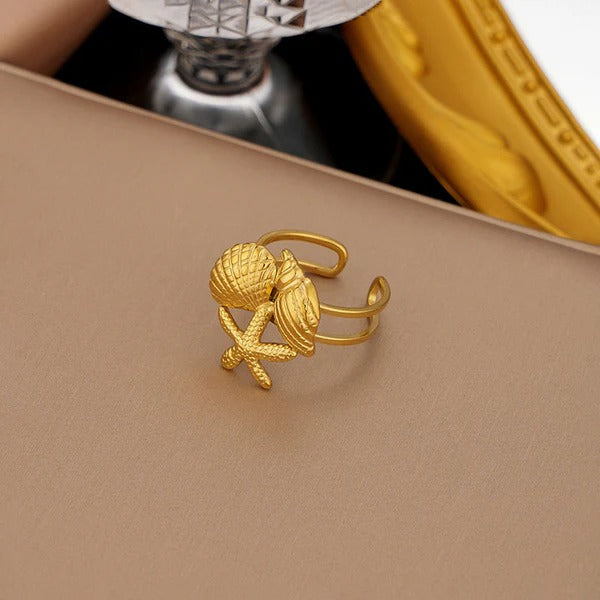 Driara 065 Golden Shell Adjustable Ring for Women & Girls | Sea Shell Design | Anti-Tarnish Trendy Korean Ring
