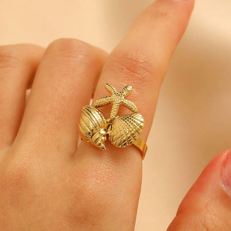 Driara 065 Golden Shell Adjustable Ring for Women & Girls | Sea Shell Design | Anti-Tarnish Trendy Korean Ring