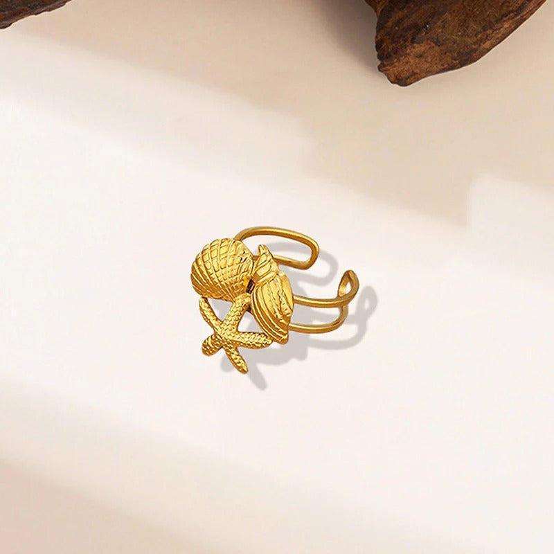 Driara 065 Golden Shell Adjustable Ring for Women & Girls | Sea Shell Design | Anti-Tarnish Trendy Korean Ring
