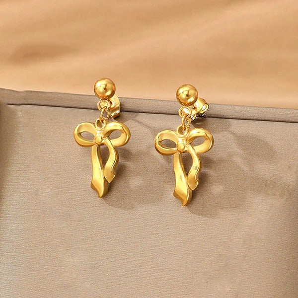 Driara 043 Golden Bow Drop Earrings for Women & Girls | Korean Style Lightweight Partywear Earrings | Anti-Tarnish Jewellery