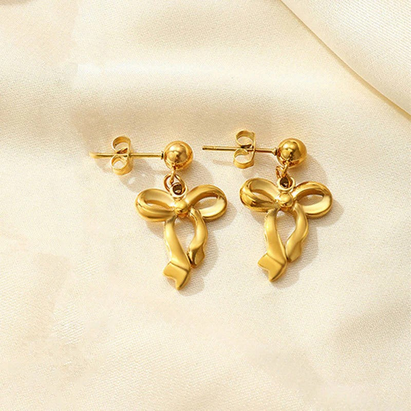 Driara 043 Golden Bow Drop Earrings for Women & Girls | Korean Style Lightweight Partywear Earrings | Anti-Tarnish Jewellery