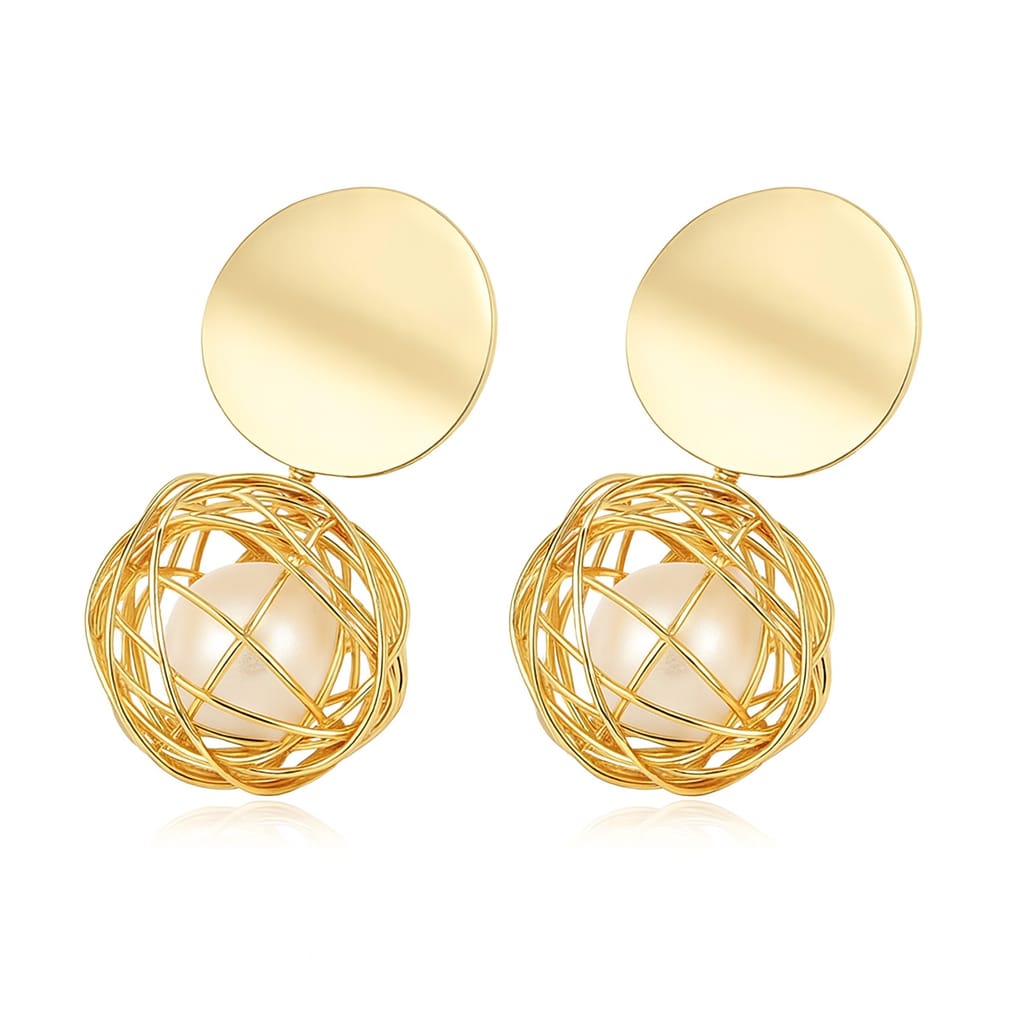 Driara 0132 Gold Plated Mesh Ball Hanging Earrings | Korean Style Big Stud & Ball Drop Earrings for Women & Girls