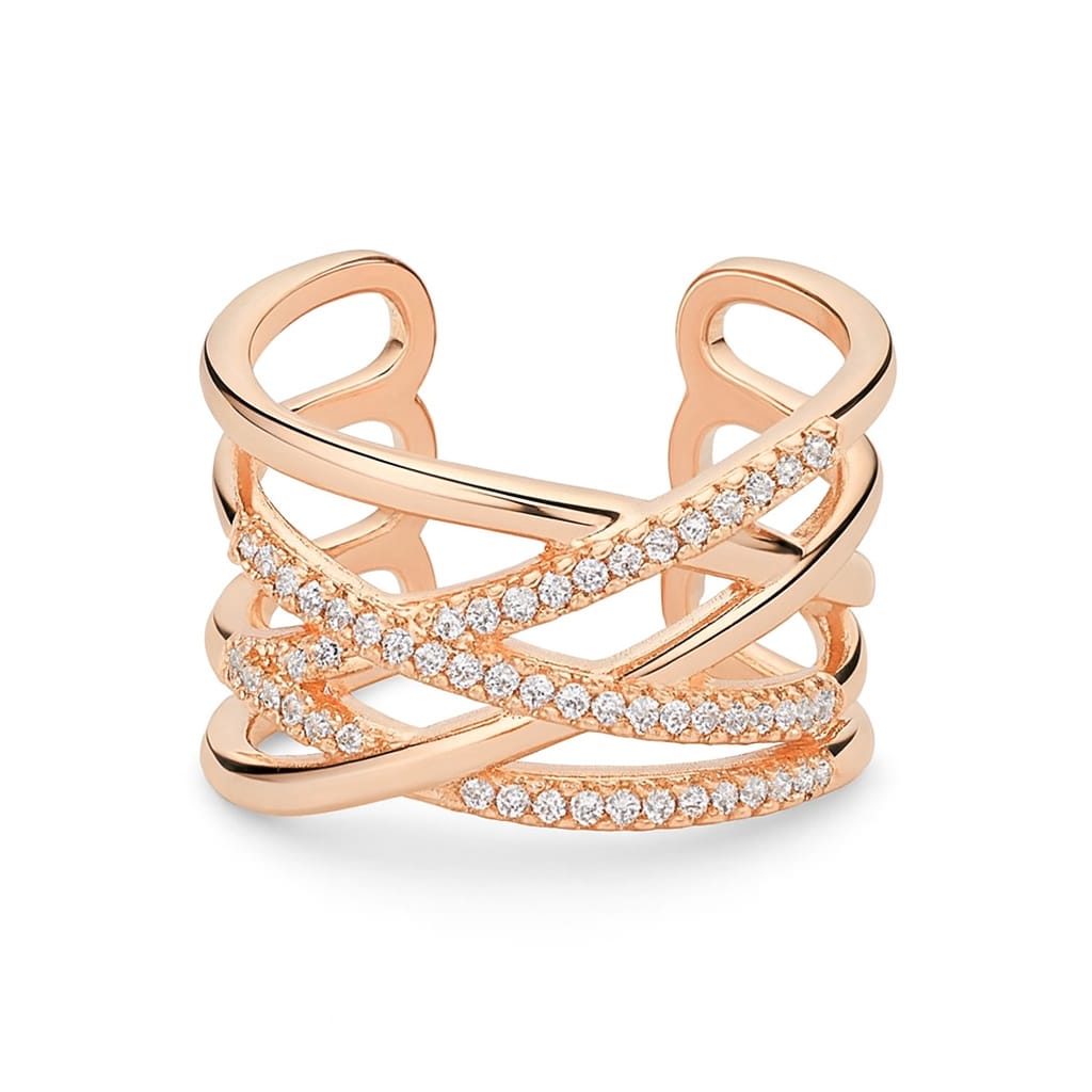 DRIARA 0171 Rose Gold Plated Criss-Cross American Diamond Adjustable Ring | Stylish CZ Korean Finger Ring for Women & Girls