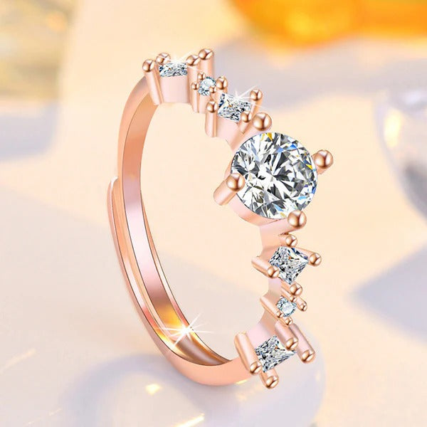 DRIARA 0173  Rose Gold Plated Solitaire CZ Korean Adjustable Ring | Premium Sparkling Finger Ring for Women & Girls