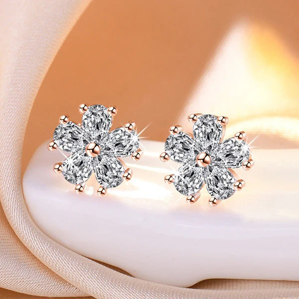 DRIARA 0188 Rose Gold Plated Floral CZ Stud Earrings for Women & Girls | Elegant Flower Design Diamond Look Earrings