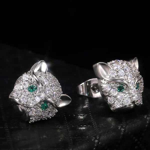 DRIARA 0187  Silver Plated Tiger Face CZ Stud Earrings with Green Stone Eyes | Bold Statement Earrings for Women & Girls
