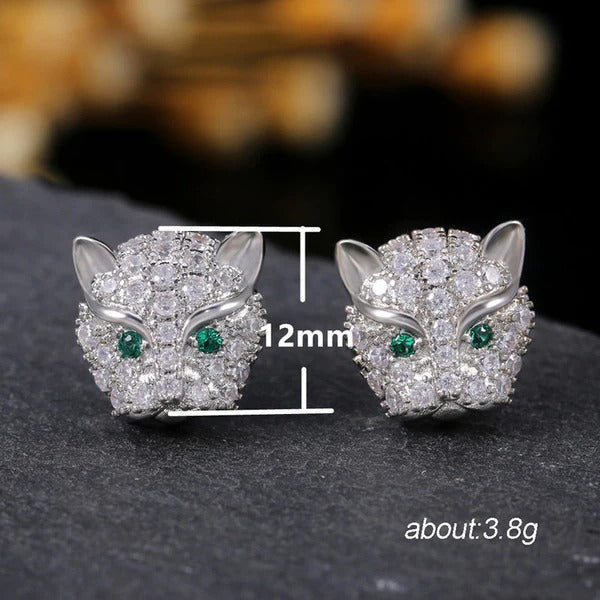 DRIARA 0187  Silver Plated Tiger Face CZ Stud Earrings with Green Stone Eyes | Bold Statement Earrings for Women & Girls