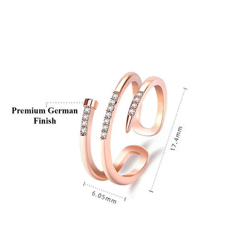 Driara 0130 Rose Gold AD Stone Finger Ring | Korean Nail Shape Adjustable Ring for Women & Girls