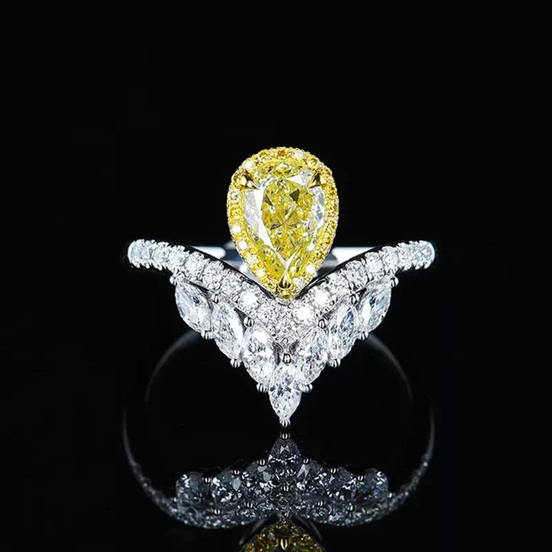 Driara 0147 Silver Plated Yellow Teardrop Solitaire Ring | Premium Ice-Cut CZ American Diamond Finger Ring for Women & Girls