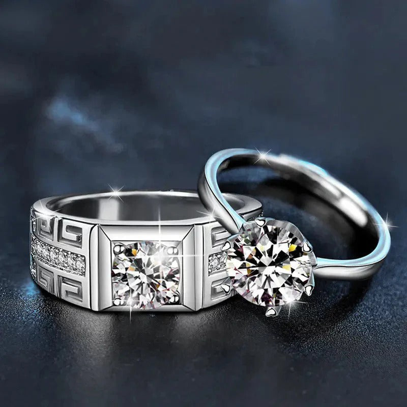 DRIARA 0156 Silver Plated American Diamond Adjustable Couple Rings | Classic Square Band CZ Rings for Him & Her