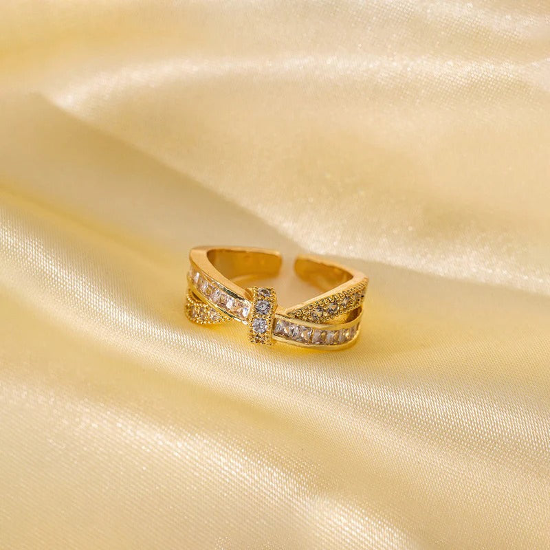 DRIARA 098 Gold-Plated Cross Over AD Stone Adjustable Ring for Women | Korean Style | Stylish Daily Wear Jewellery