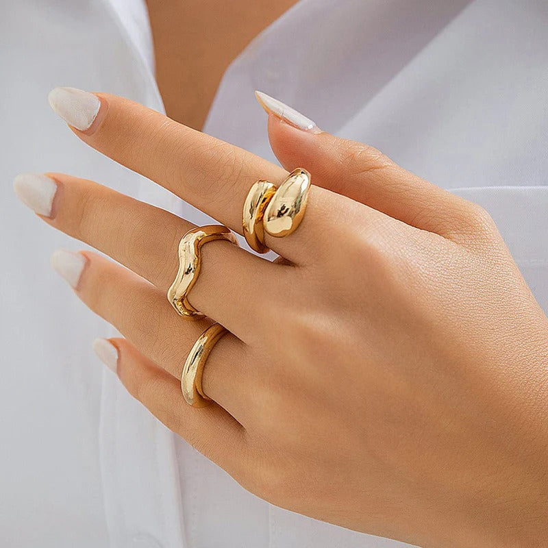 Driara 0141 Gold Plated Bold & Smooth Stackable Ring Set | Adjustable Finger Rings Combo (Set of 3)