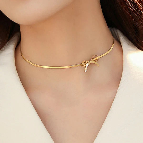 Driara 041 Golden Bow Choker Necklace for Women & Girls | Korean Style Lightweight Elegant Daily Wear Necklac