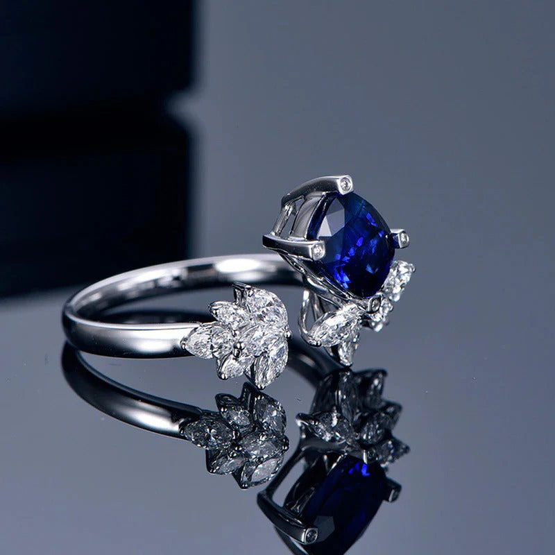 DRIARA 0150 Silver Plated Navy Blue Crushed Ice Cut Stone Cocktail Ring | Premium American Diamond Floral Finger Ring for Women