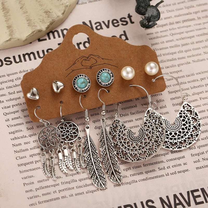 Driara 0126  6-Pair Oxidized German Silver Earring Combo | Trendy Studs, Dreamcatcher & Feather Design Set