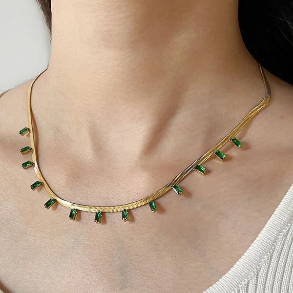 DRIARA 0104 Gold-Plated Green Emerald Studded Snake Chain Necklace for Women | Minimal Elegant Daily Wear Necklace