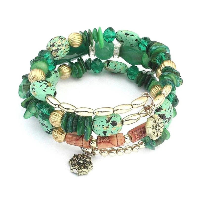 DRIARA 0191  Green Stone Multi-Layer Beaded Bracelet Set for Women | Boho Style | Adjustable Fashion Bracelet