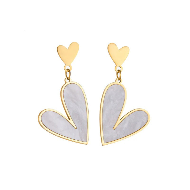 Driara 045 Korean Heart Drop Earrings for Women & Girls | Golden & White Mother-of-Pearl Finish | Trendy Statement Fashion Jewellery