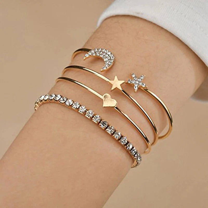 Driara 039  4 Piece Golden Bracelet Combo Set for Women & Girls | Moon, Star & Crystal Bangles | Trendy Fashion Jewellery