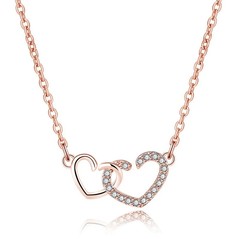 Driara 021 Rose Gold Plated Double Heart Pendant with Chain for Women & Girls – CZ Studded Korean Style Necklace