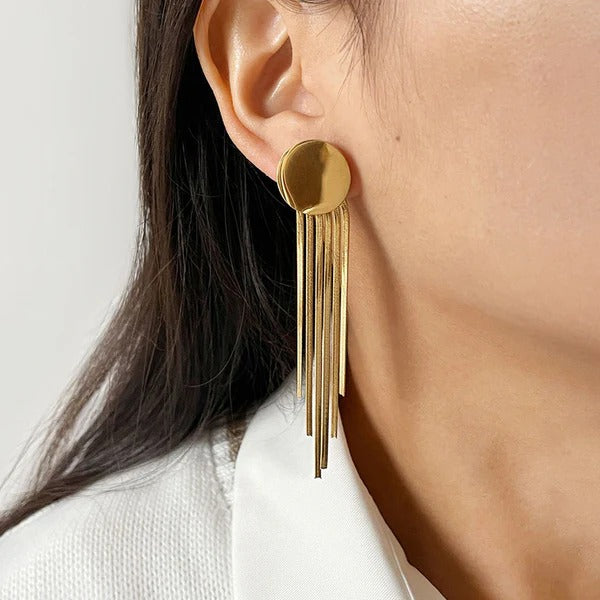 Driara 044 Golden Long Tassel Earrings for Women & Girls | Korean Statement Drop Earrings | Partywear & Fashion Jewellery
