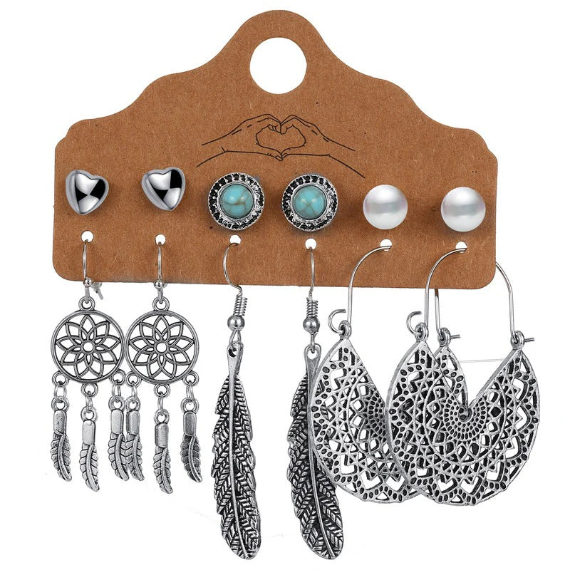 Driara 0126  6-Pair Oxidized German Silver Earring Combo | Trendy Studs, Dreamcatcher & Feather Design Set