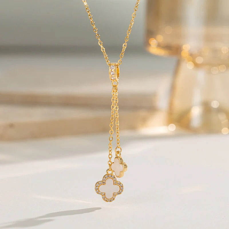 Driara 062 Golden White Clover Pendant Necklace for Women & Girls | Elegant Dual Clover Chain | Premium Korean Jewellery